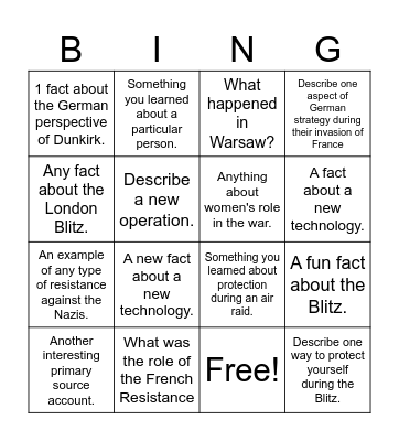Start of War CYOA Bingo Card