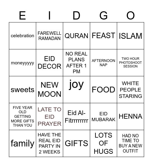 EID BINGO Card
