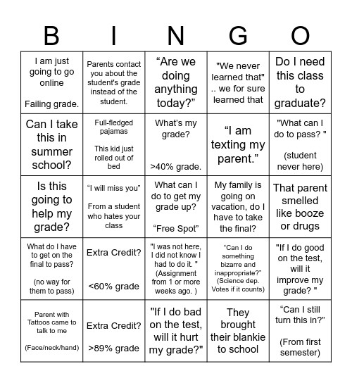 End of Year Bingo Card