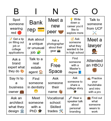 Career Connections Bingo Card