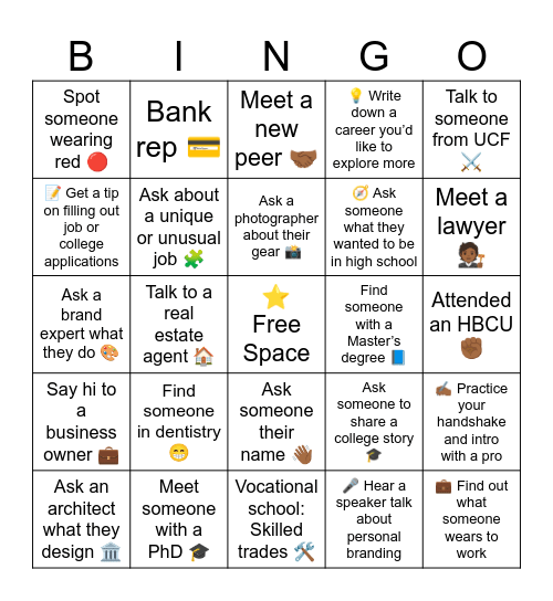 Career Connections Bingo Card