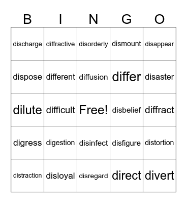 Dis, Di, Dif Bingo Card