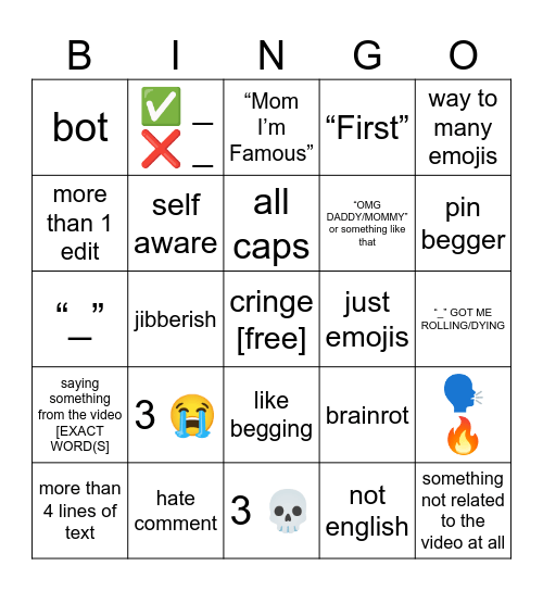 YouTube Shorts Bingo Card