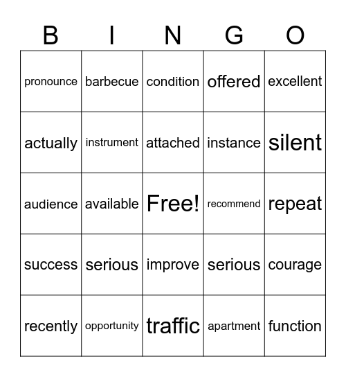 Word Fun Bingo Card