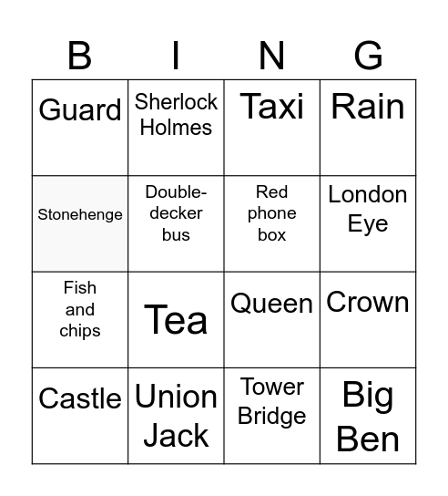 British Bingo Card