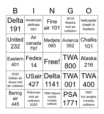 American plane crashes Bingo Card
