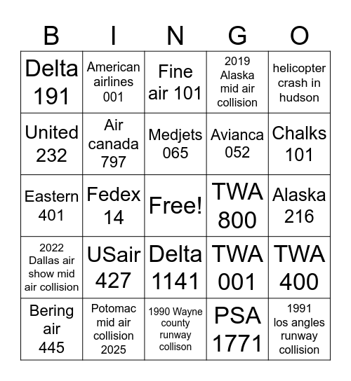 American plane crashes Bingo Card