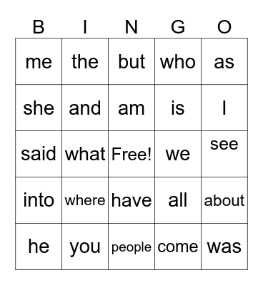 Sight Words Bingo Card
