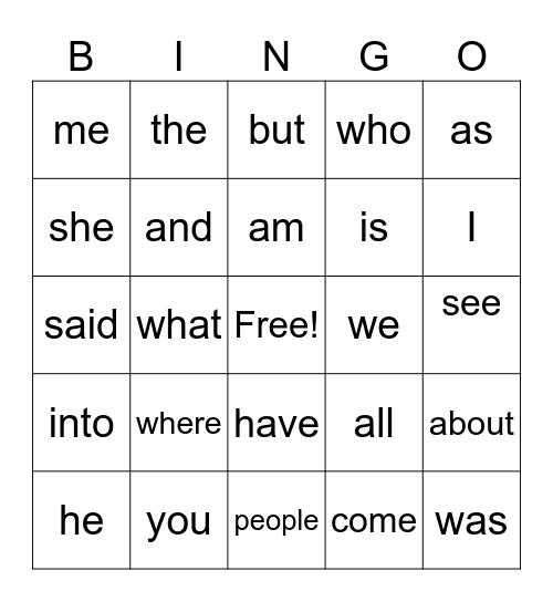 Sight Words Bingo Card