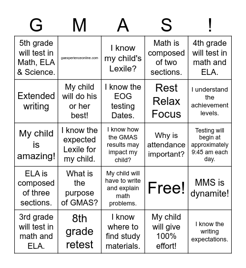 Georgia Milestones Bingo Card