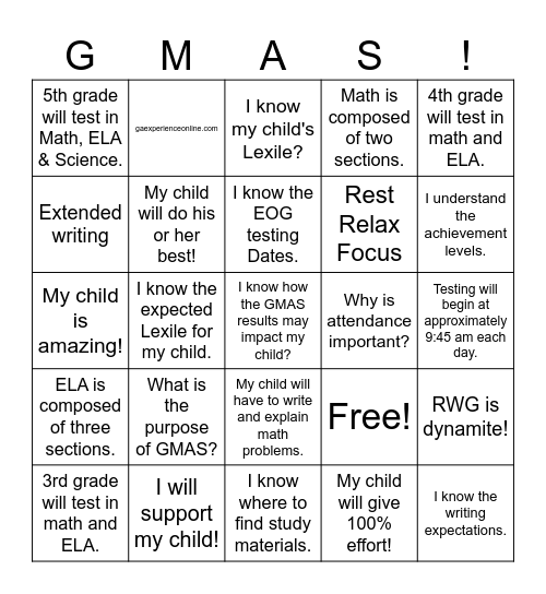 Georgia Milestones Bingo Card