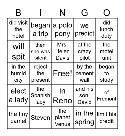 Book 4 Lesson 2 Bingo Card