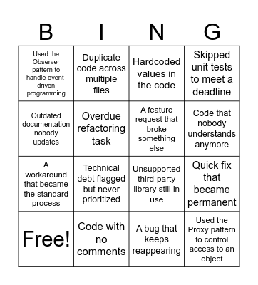 Tech Debt Bingo Card