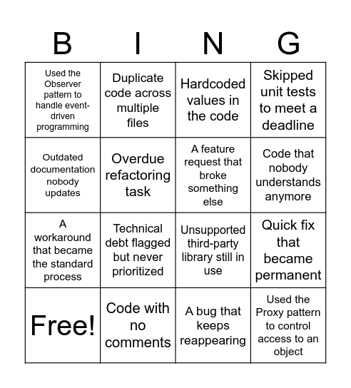 Tech Debt Bingo Card