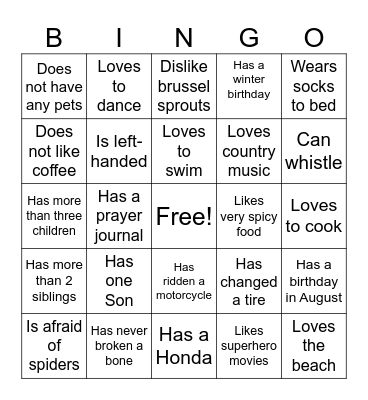 Getting to Know You Bingo Card