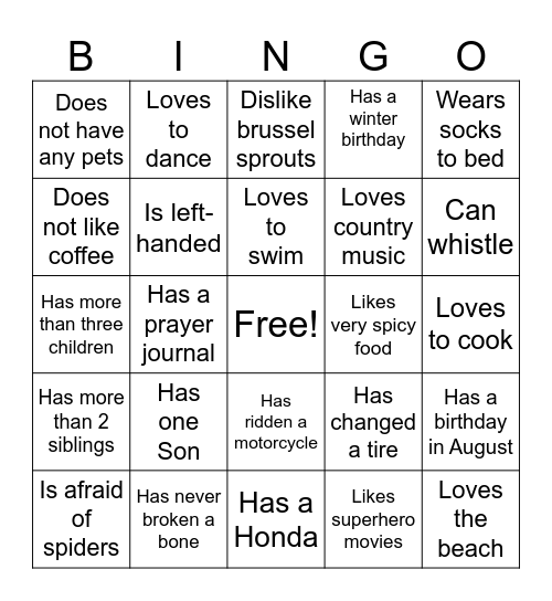Getting to Know You Bingo Card