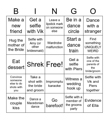 Vik & Piers Wedding Shenanigans Bingo Card