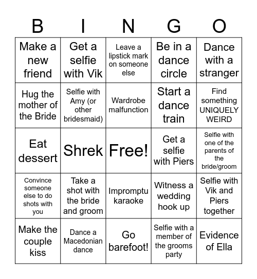 Vik & Piers Wedding Shenanigans Bingo Card