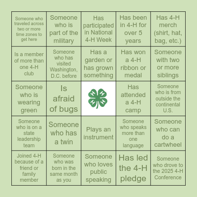 National 4-H Conference 2025 Bingo Card