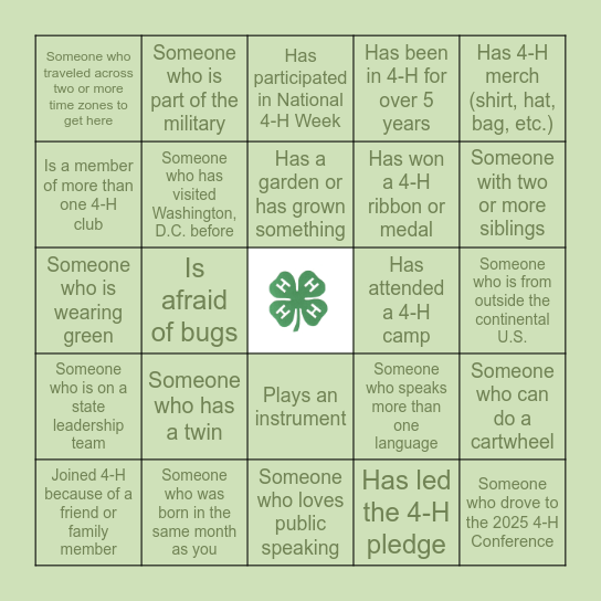 National 4-H Conference 2025 Bingo Card