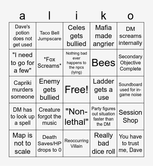 DnD Session 7 Bingo Card