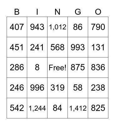 Addition and Subtraction Bingo Card