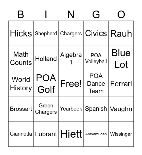 POA Middle School Bingo Card