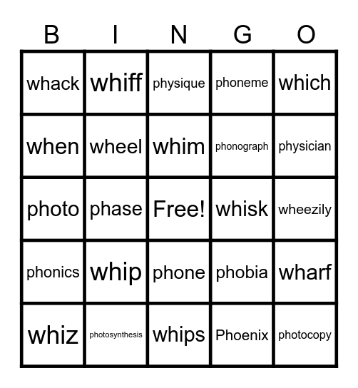 Words with wh /w/, ph /f/ (Lesson 50) Bingo Card