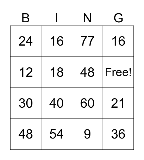 Multiplication Bingo Card