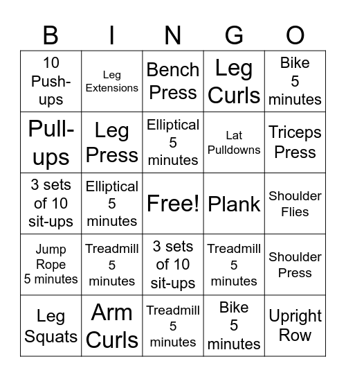 Fit Centre Bingo Card