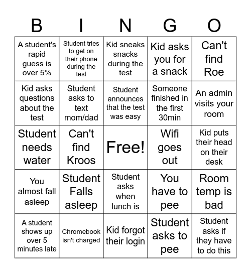 State Testing Bingo Card