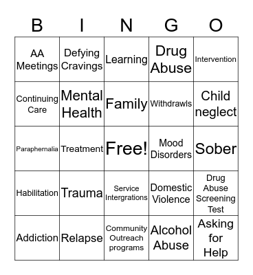 Addictions Bingo Card