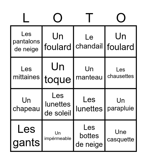 Les vêtements Bingo Card
