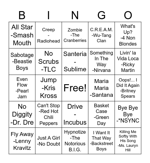 90's Bingo Card