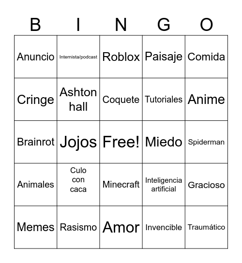 Tik tok Bingo Card