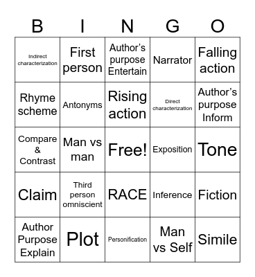 STAAR Review Literary Bingo Card