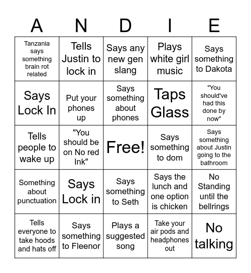 Andies BIngo Card