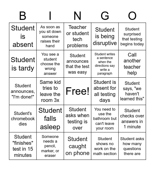 Teacher Testing Bingo Card