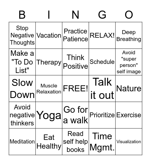 Coping with Stress Bingo Card