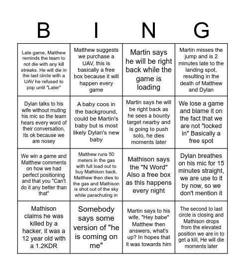 WarZone Bingo Card