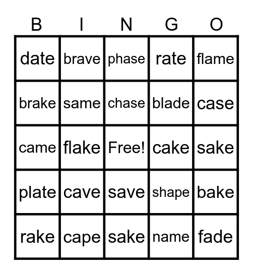 Lesson 54: a_e /ā/ Bingo Card