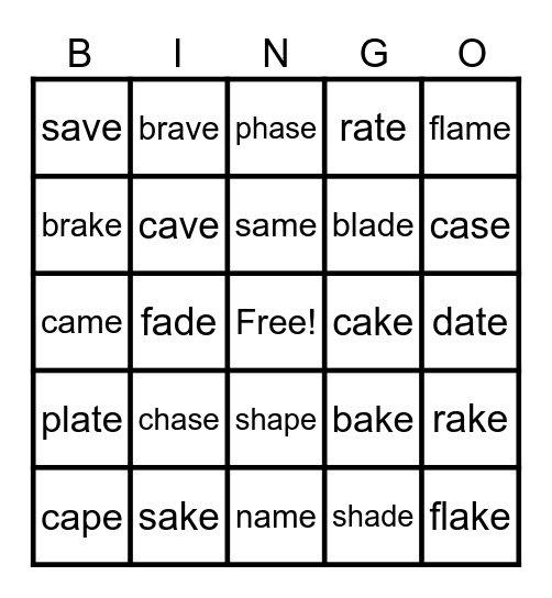 Lesson 54: a_e /ā/ Bingo Card