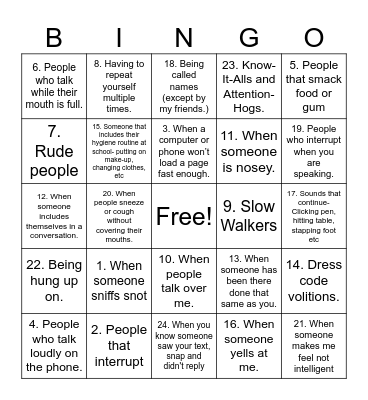 Pet Peeve Bingo Card