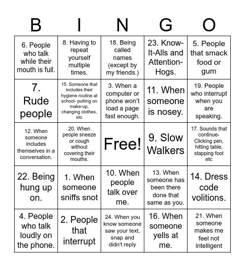 Pet Peeve Bingo Card