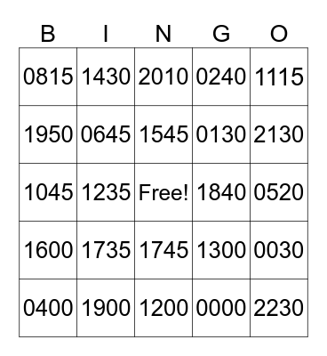 Time Conversion Bingo Card