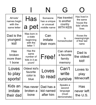 Find a family who... Bingo Card