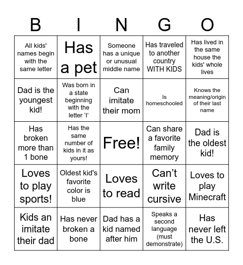 Find a family who... Bingo Card