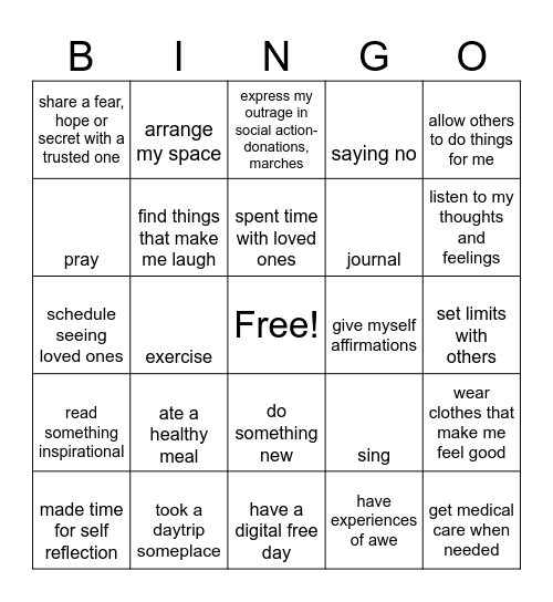 SELF CARE BINGO Card