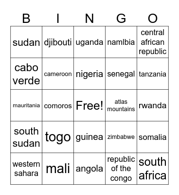Africa Bingo Card