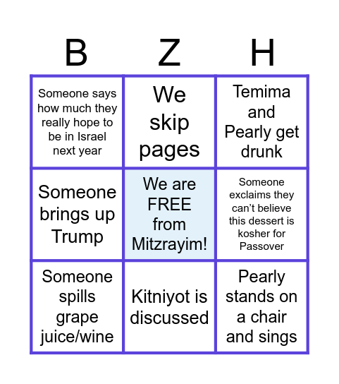 Pesach Seder 2025 Bingo Card
